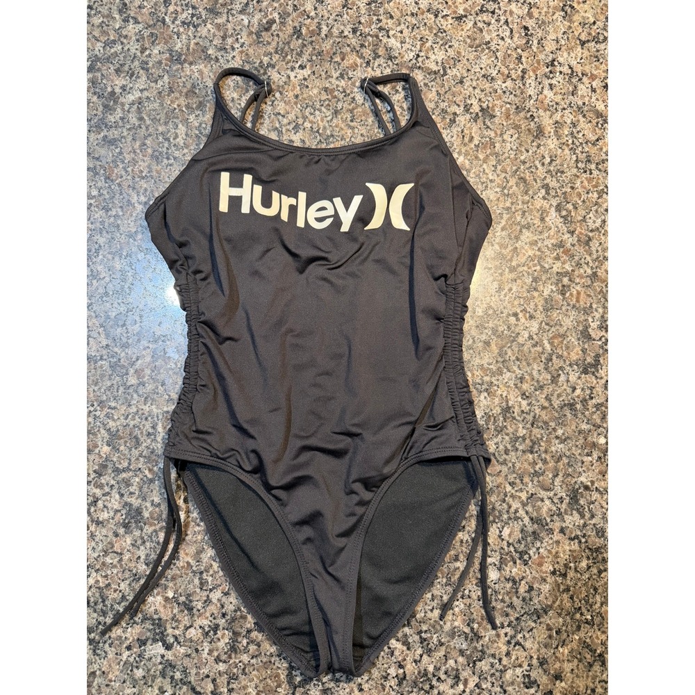 Hurley Womens Black One Piece Swimsuit Logo Ruched Side Drawstring Size Small